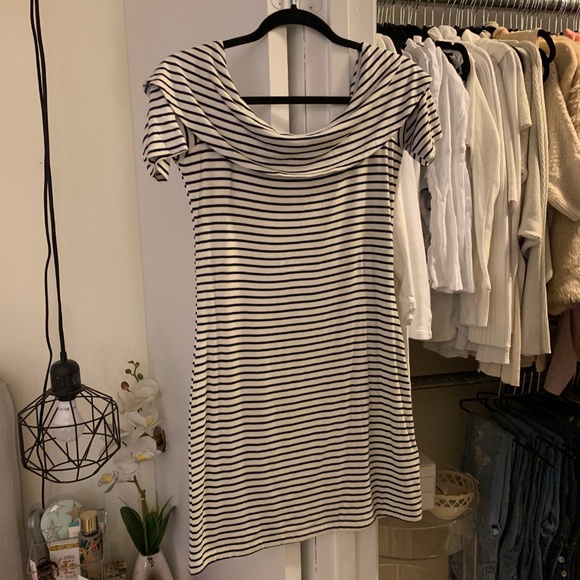 SOLD Delacy Navy White Striped Off Shoulder Dress - Picture 4 of 5
